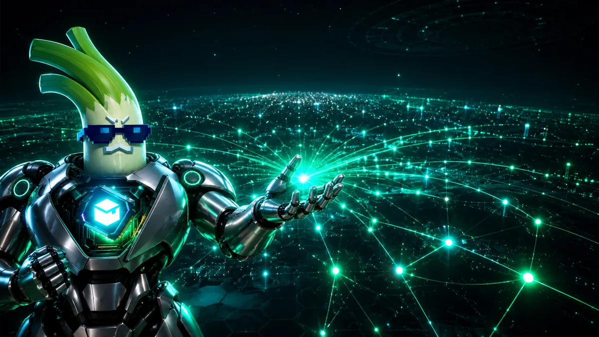 SELFCYBER raising an open metal hand as a burst of green light spreads across thousands of connected nodes.