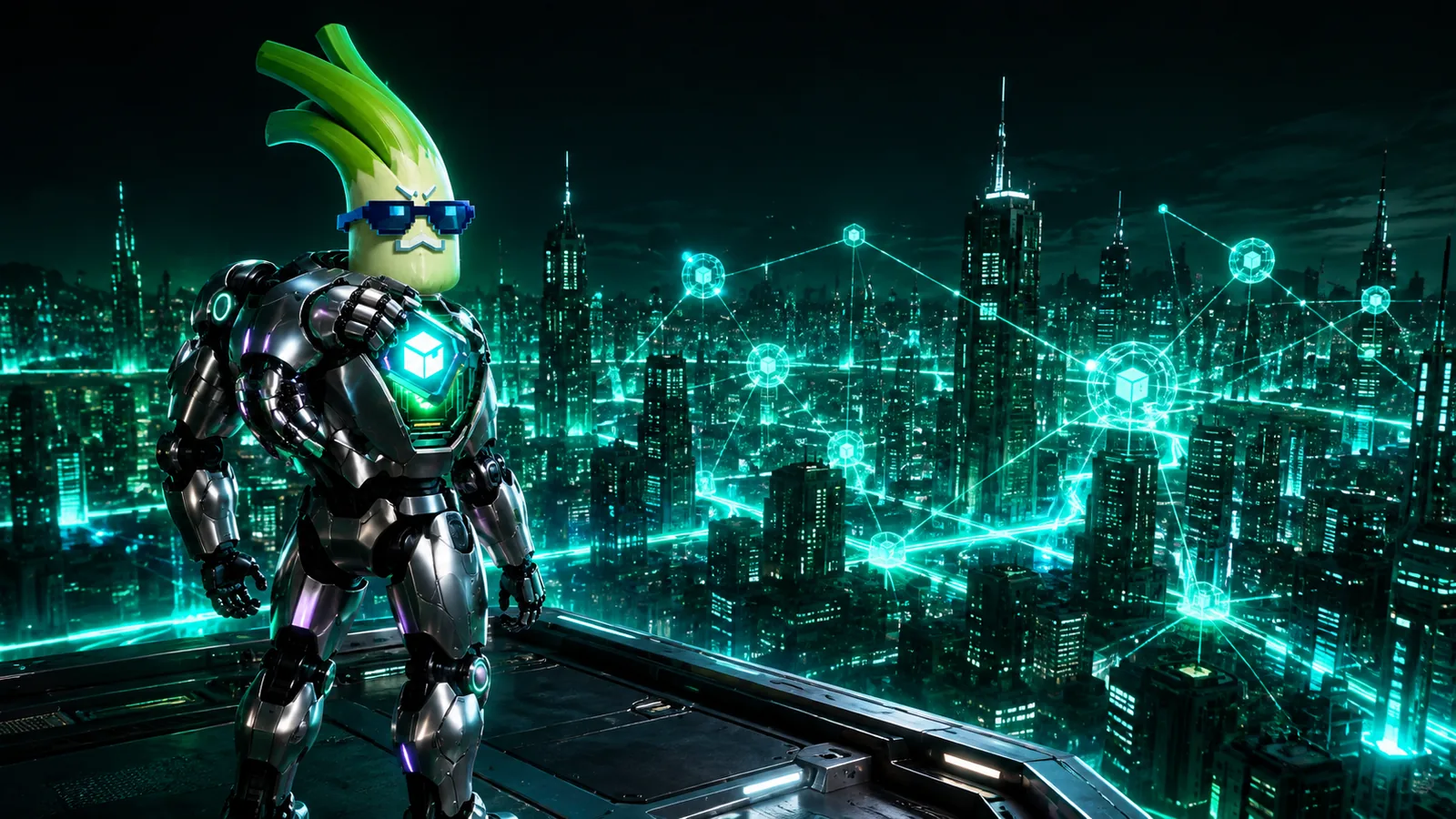 SELFCYBER overlooking a neon city at night while glowing emerald links connect nodes across the skyline.