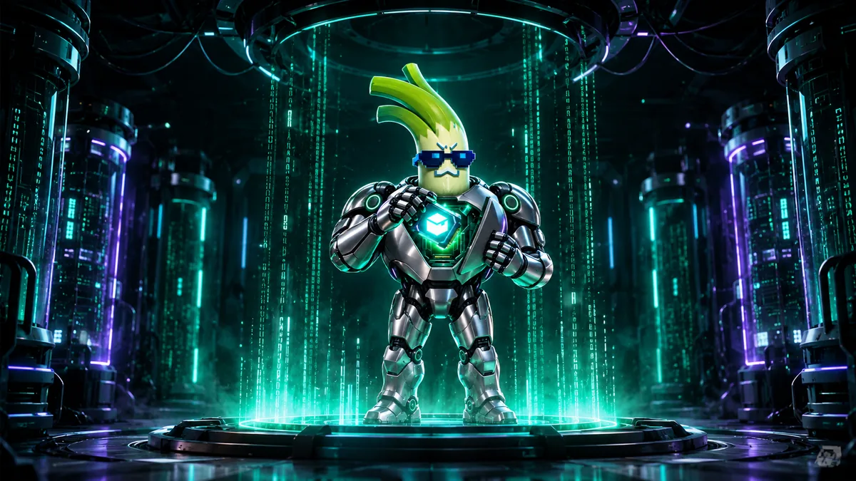 SELFCYBER standing on a glowing activation platform inside a data chamber as green code rains around its silver armor.
