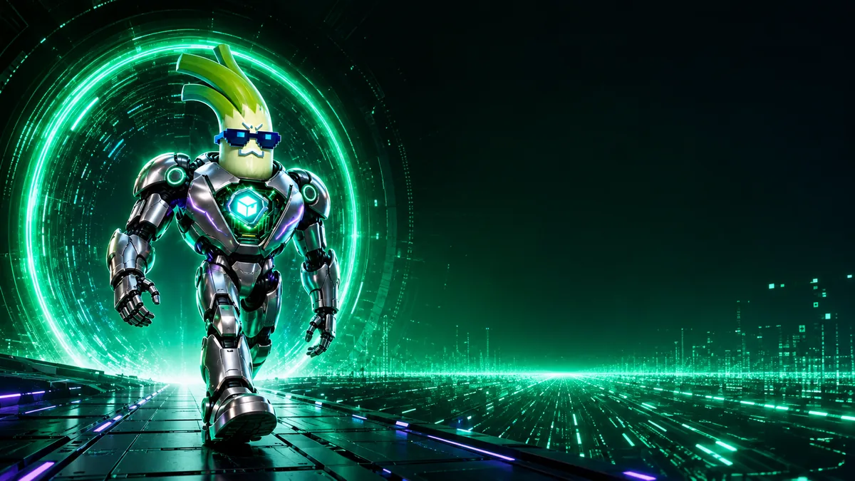 SELFCYBER walking forward out of a glowing green portal onto a digital floor.